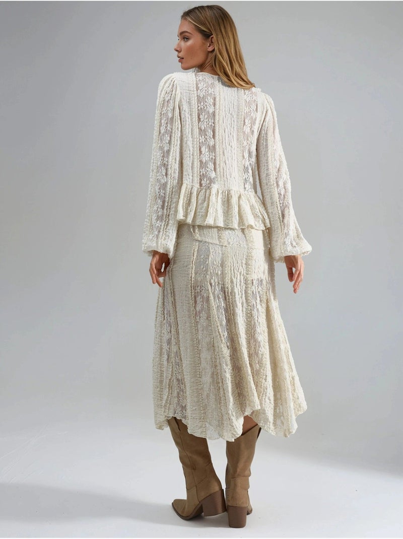 Midi-rok met hoge taille van kant in a-lijn busem Klei-beige - Kiabi