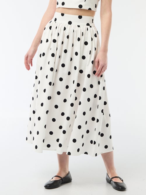 Midi rok met plooien en uitlopend model met stippenprint - Kiabi