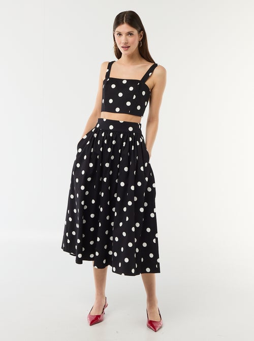 Midi rok met plooien en uitlopend model met stippenprint - Kiabi