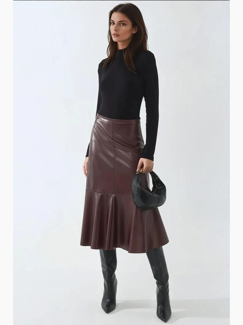 Midi-rok van imitatieleer met hoge taille hiccup Bordeauxrood - Kiabi
