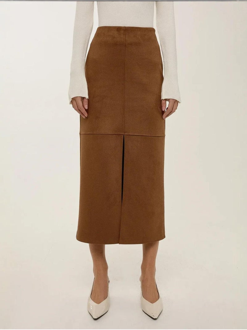 Midi suède rok met split Bruin - Kiabi