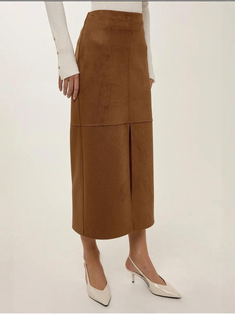Midi suède rok met split Bruin - Kiabi