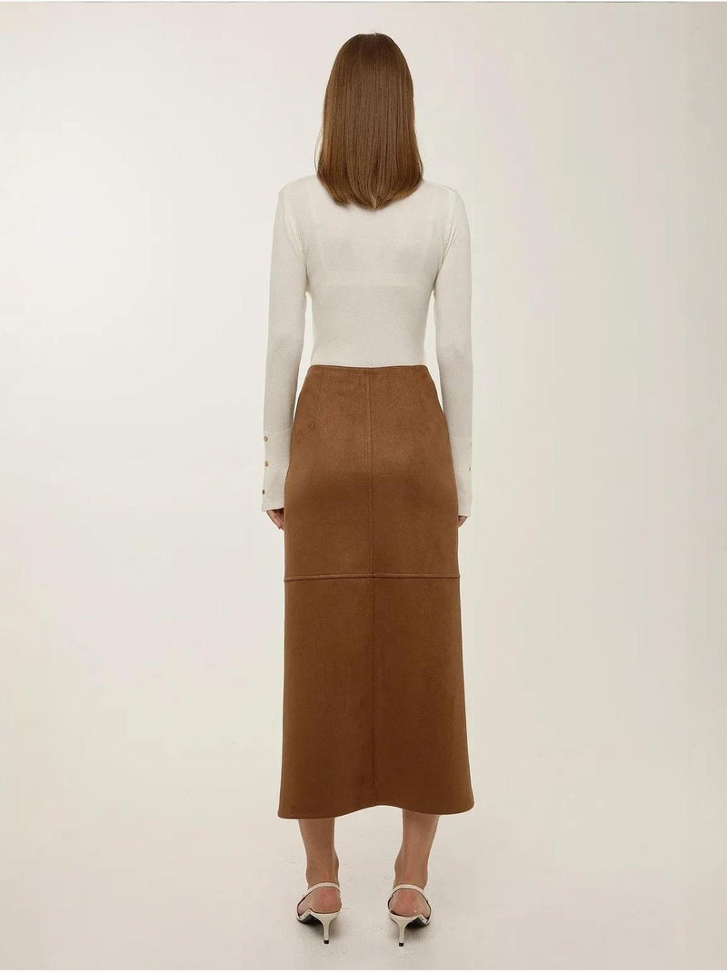 Midi suède rok met split Bruin - Kiabi