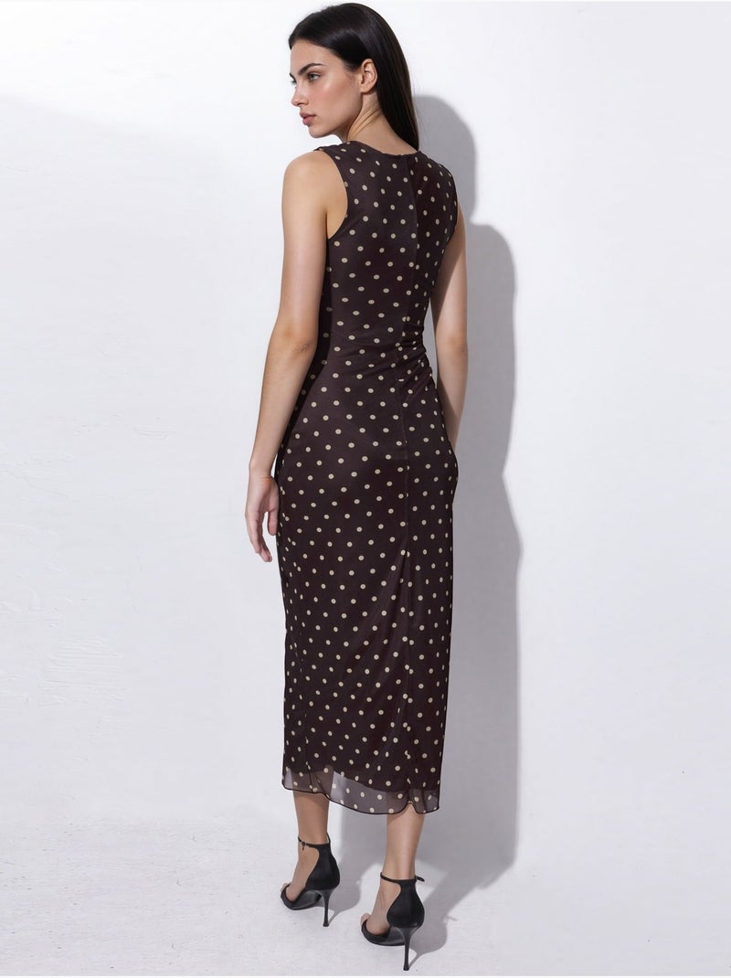 Midi tule jurk met polkadots en ronde hals Donkerbruin - Kiabi