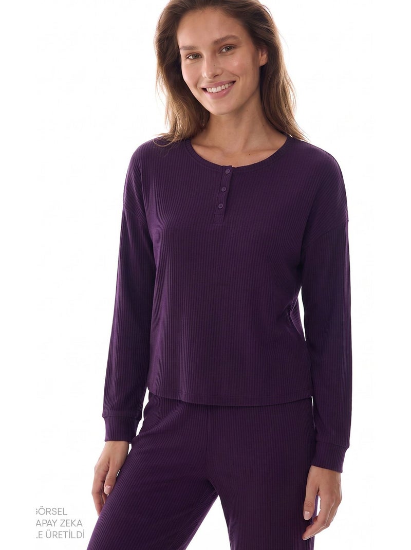 Midnight mood geribbelde pyjamaset met lange mouwen penti Paars - Kiabi