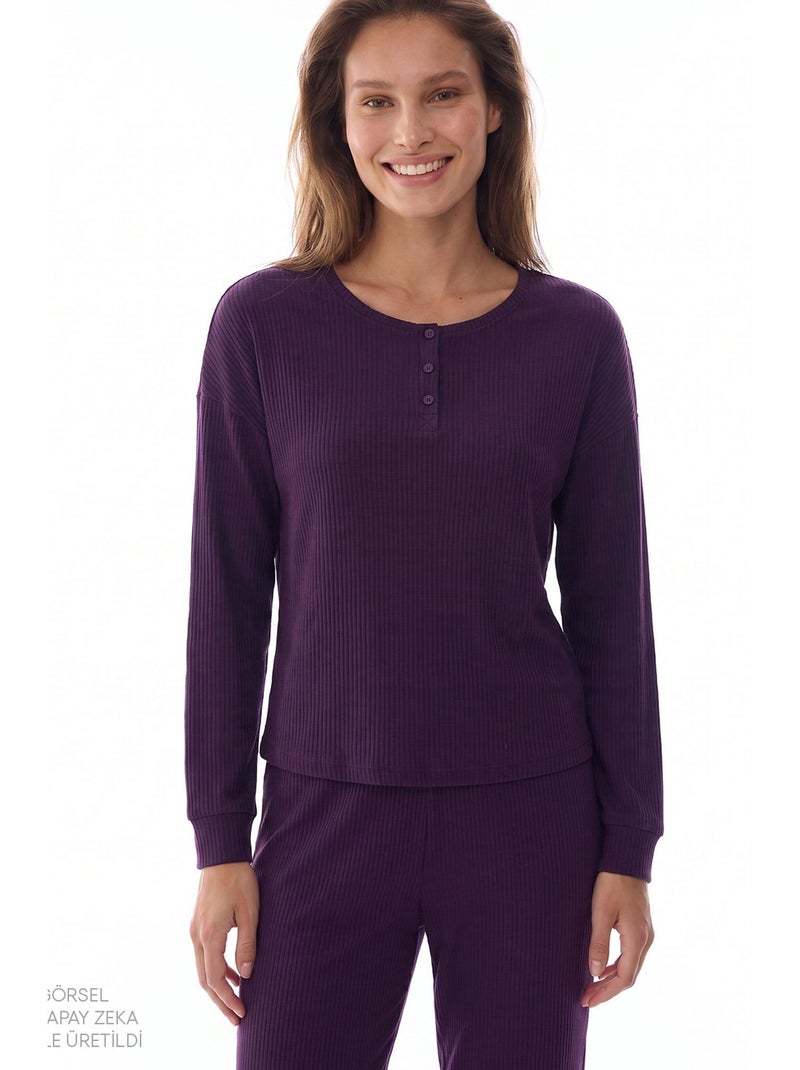 Midnight mood geribbelde pyjamaset met lange mouwen penti Paars - Kiabi