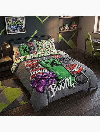 Minecraft creeper housse de couette 220x240 cm + 2 taies 63x63 gris