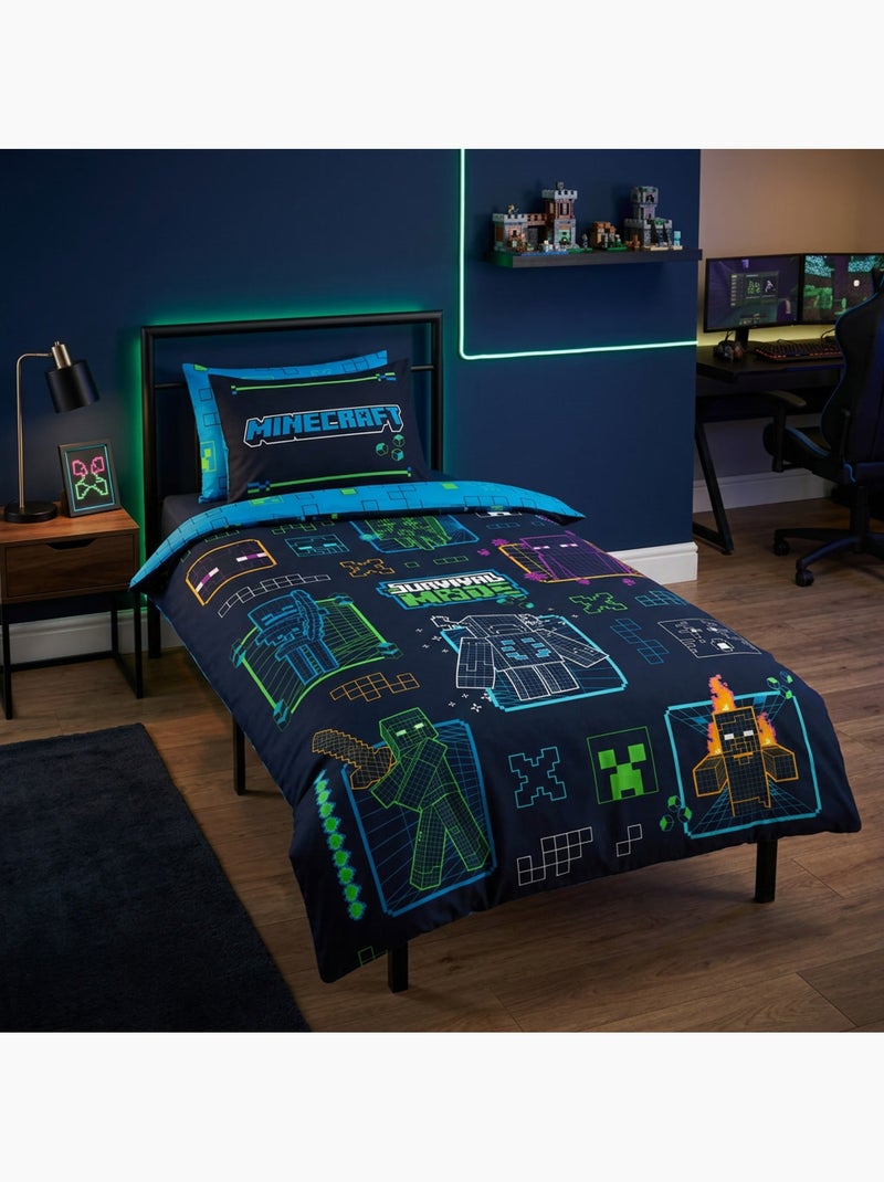 Minecraft survival mode dekbedovertrek 140x200 cm + kussensloop 63x63 Zwart Blauw - Kiabi