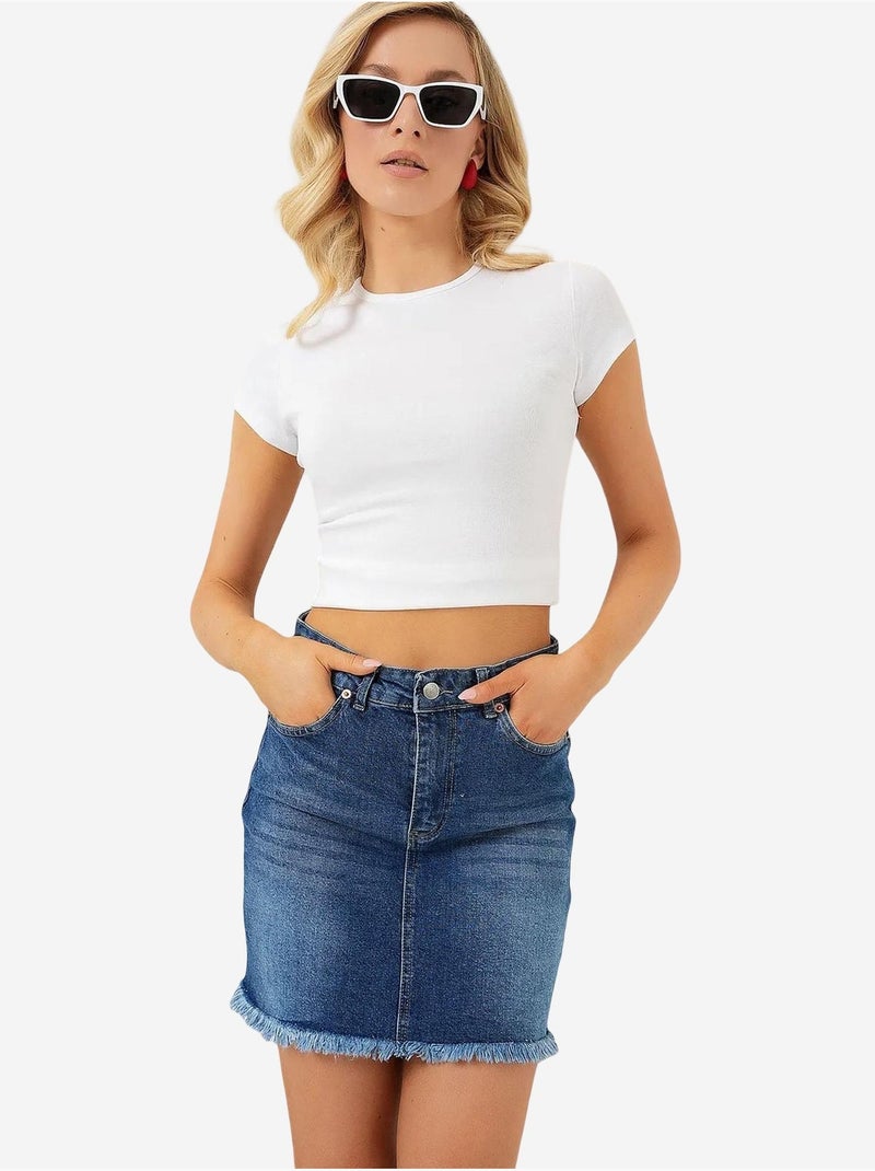 Mini-jupe en jean à franges bdart Bleu marine - Kiabi