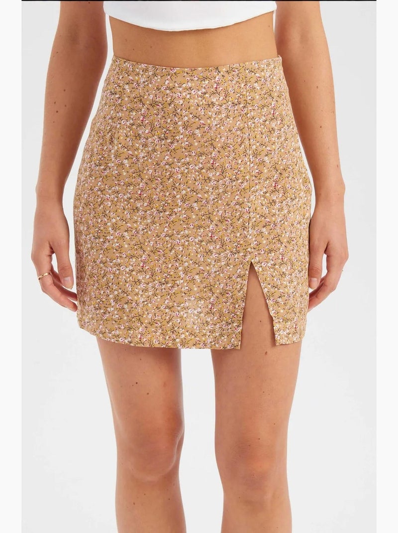 Mini-jupe fleurie taille haute fendue sur le côté hiccup Orange - Kiabi