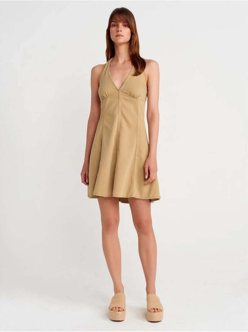 Mini jurk in a-lijn met halternek dilvin Camel - Kiabi