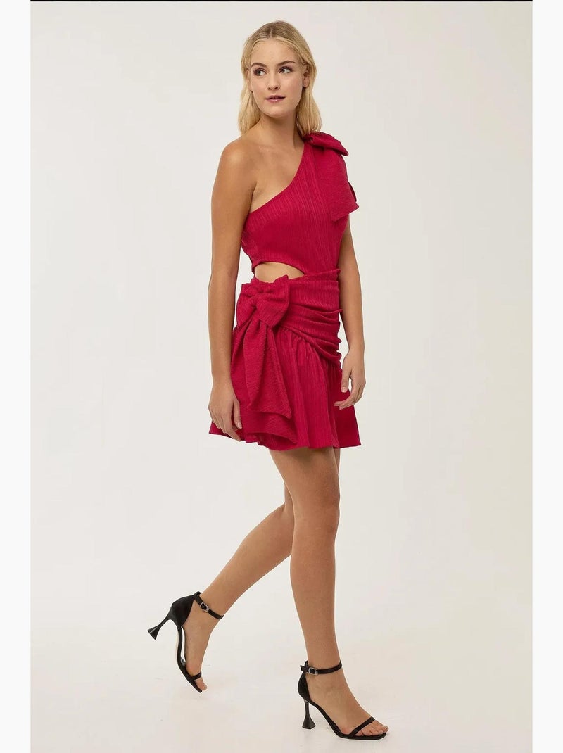 Mini-jurk met asymmetrische halslijn en strikdetail hiccup Fuchsia roze - Kiabi