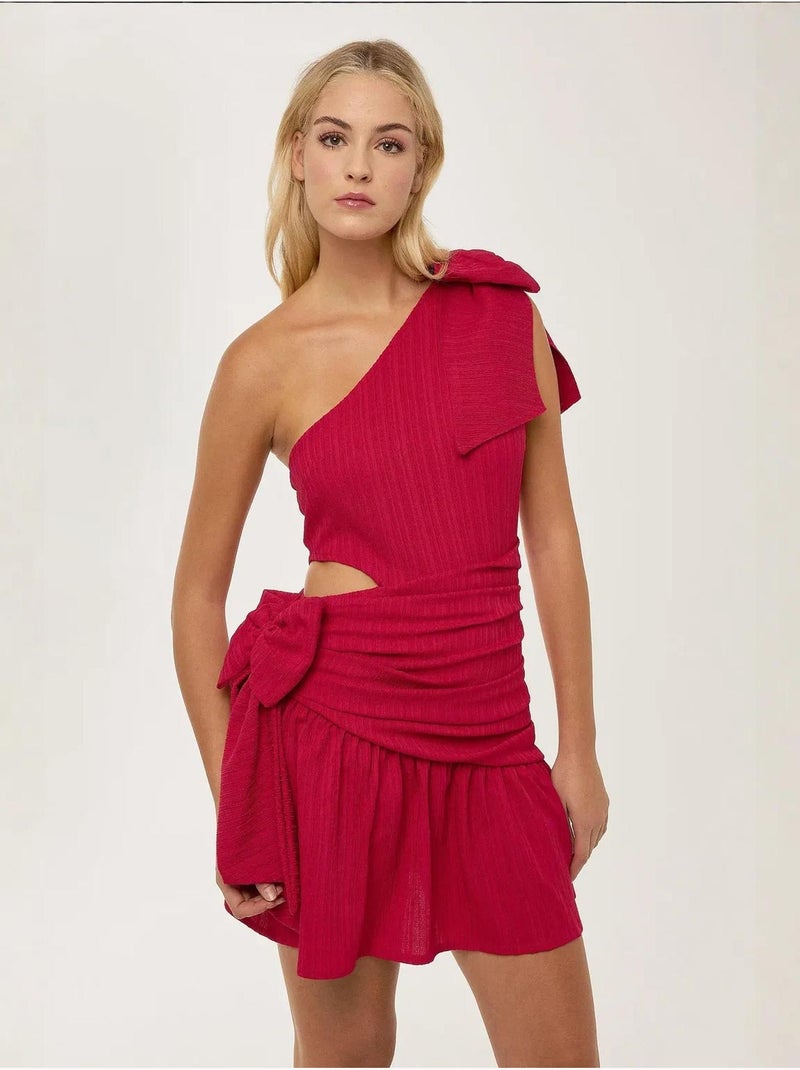 Mini-jurk met asymmetrische halslijn en strikdetail hiccup Fuchsia roze - Kiabi