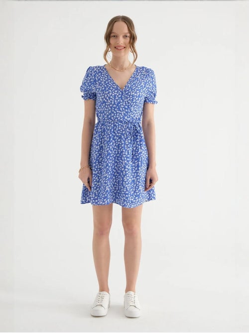 Mini-jurk met bloemenprint, pofmouwen en trekkoord hiccup - Kiabi