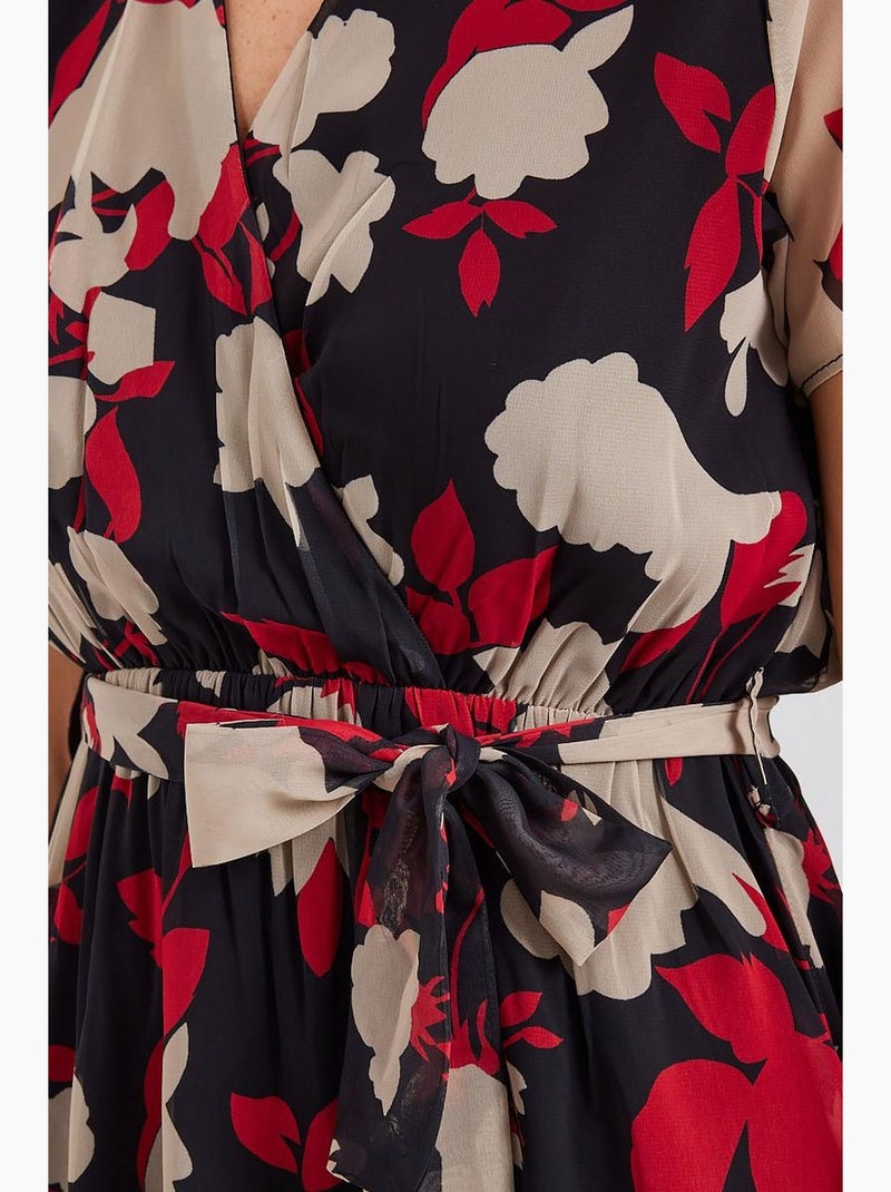 Mini-jurk met bloemenprint, v-hals en ceintuur bdart Bordeauxrood - Kiabi