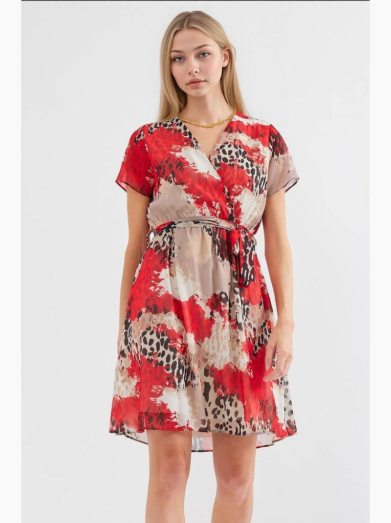 Mini-jurk met bloemenprint, v-hals en ceintuur bdart Rood - Kiabi