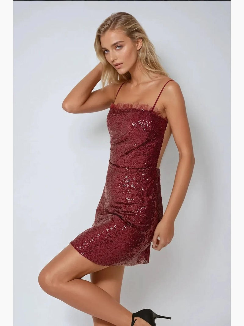 Mini-jurk met pailletten en vierkante kraag hiccup Rood - Kiabi