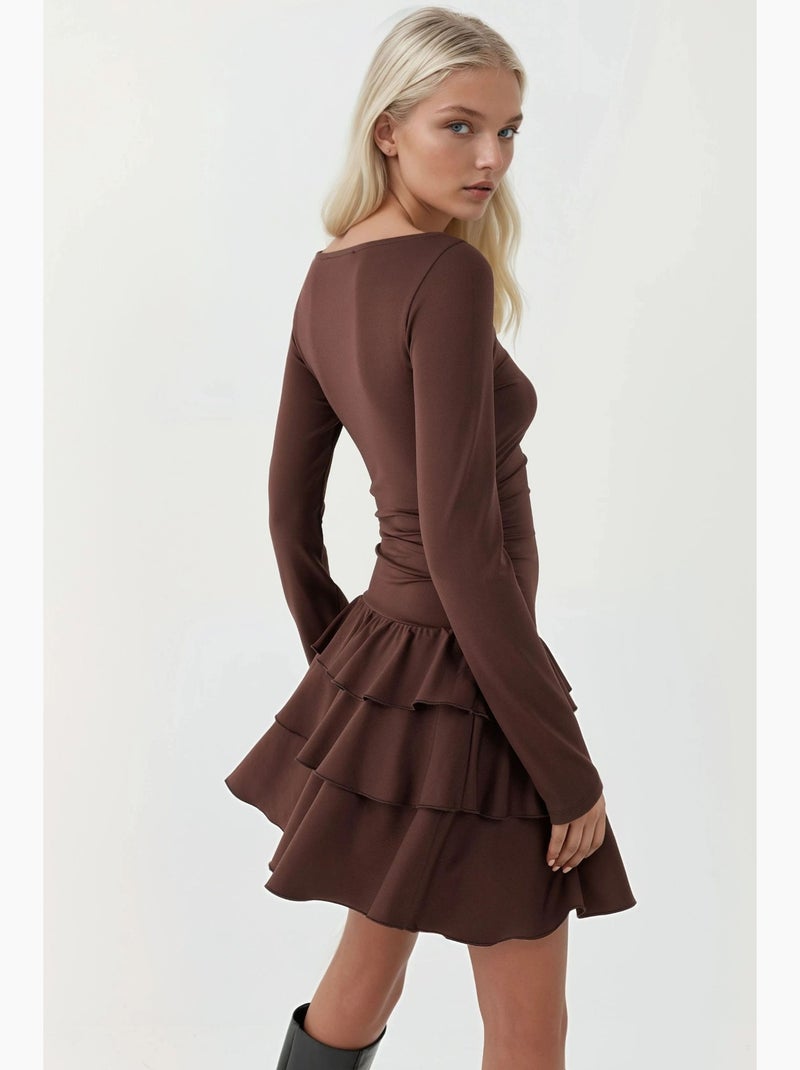 Mini-jurk met ronde hals en ruches hiccup Chocoladebruin - Kiabi