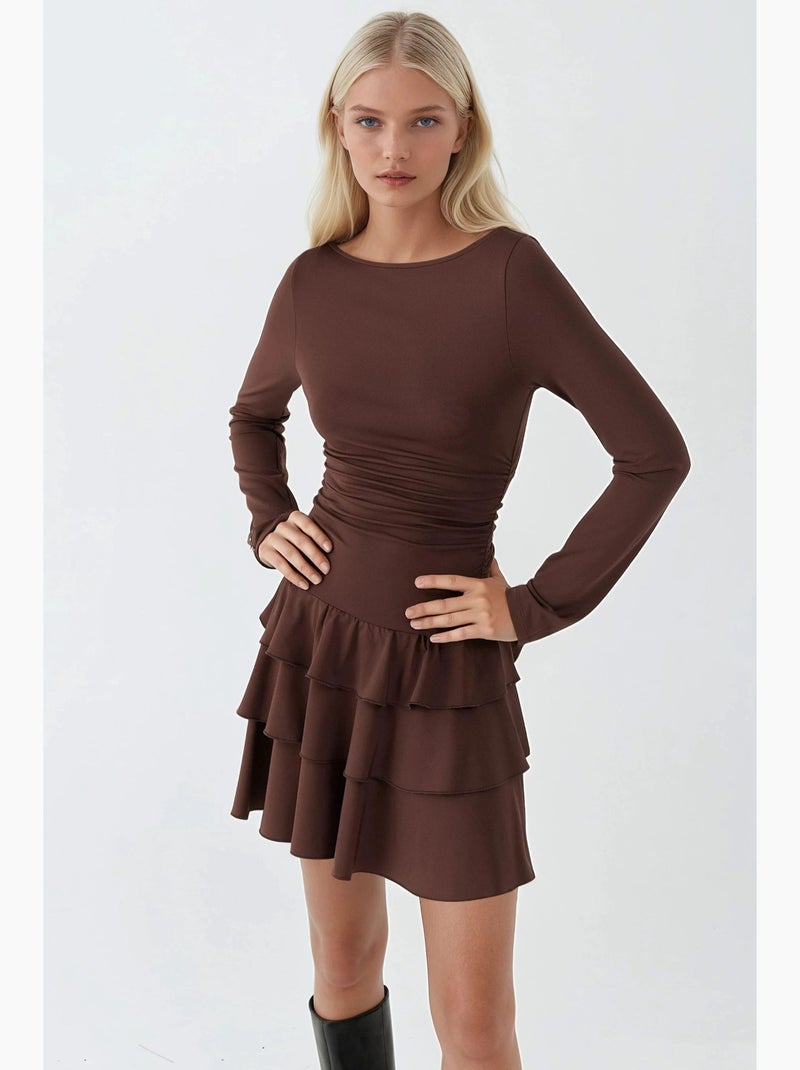 Mini-jurk met ronde hals en ruches hiccup Chocoladebruin - Kiabi
