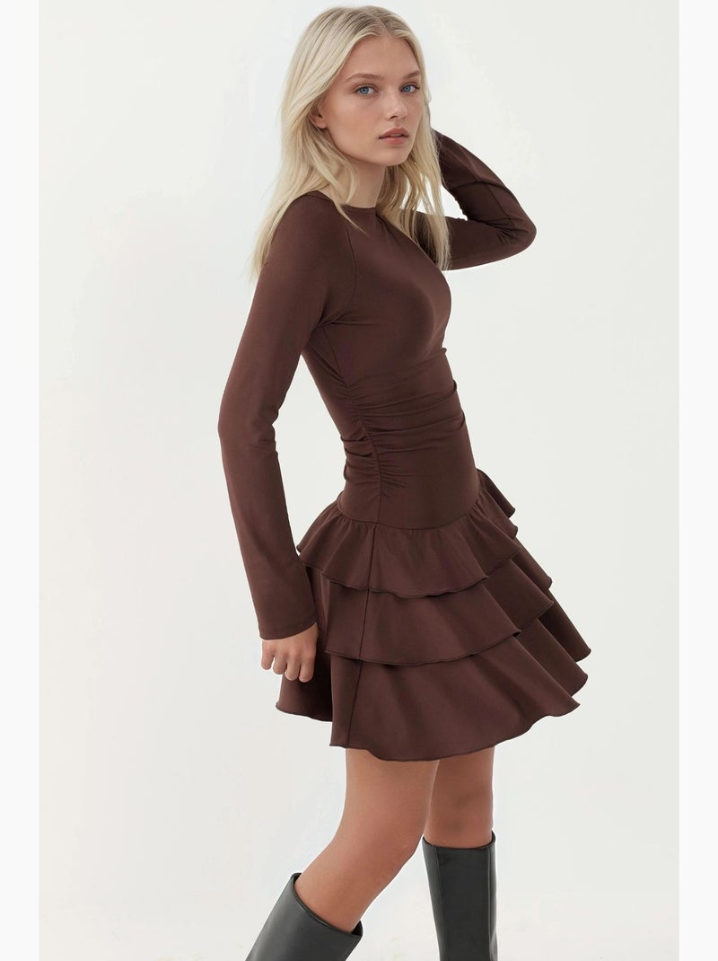 Mini-jurk met ronde hals en ruches hiccup Chocoladebruin - Kiabi