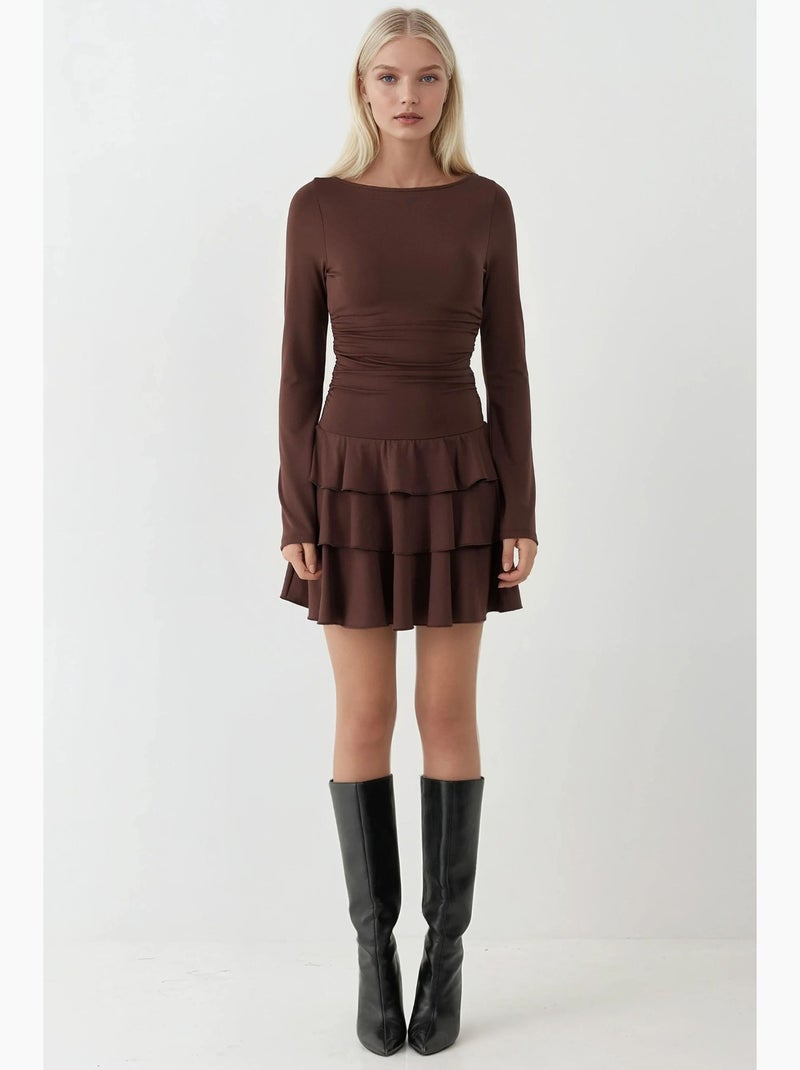 Mini-jurk met ronde hals en ruches hiccup Chocoladebruin - Kiabi