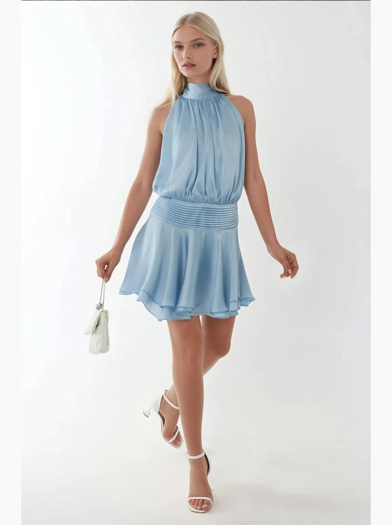 Mini-jurk met textuur en col hiccup Lichtblauw - Kiabi