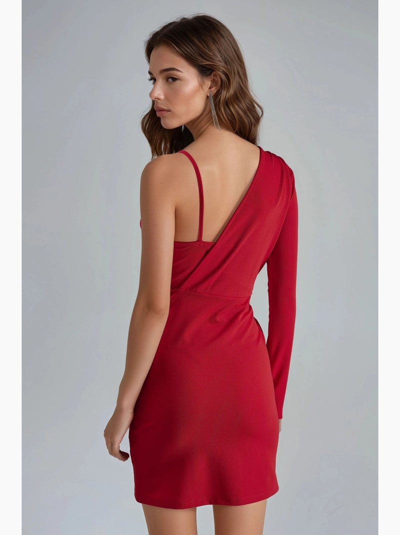 Mini-jurk met v-hals en één mouw busem Rood - Kiabi