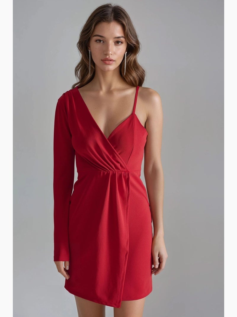 Mini-jurk met v-hals en één mouw busem Rood - Kiabi