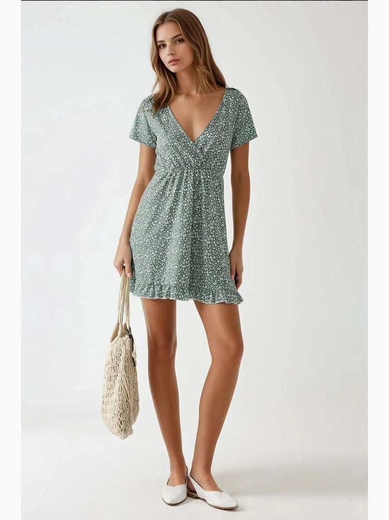 Mini-jurk met v-hals en kleine bloemenprint, hiccup Groen - Kiabi
