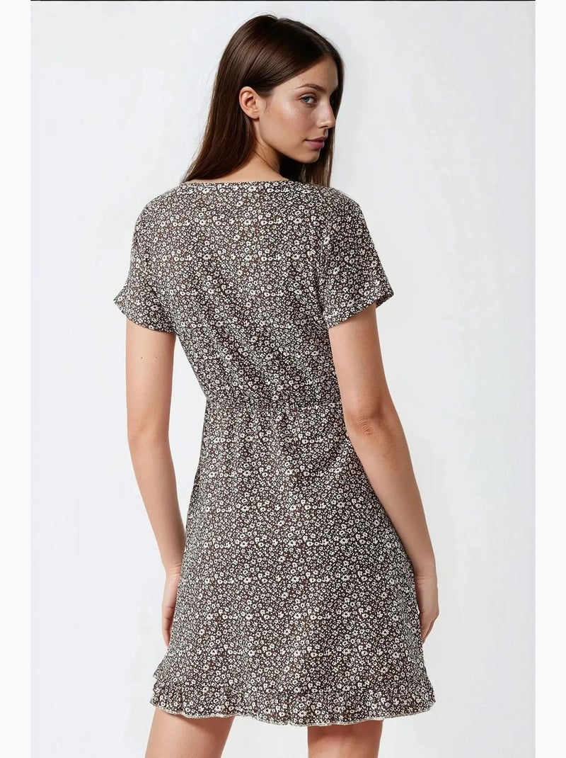 Mini-jurk met v-hals en kleine bloemenprint, hiccup Lichtbruin - Kiabi