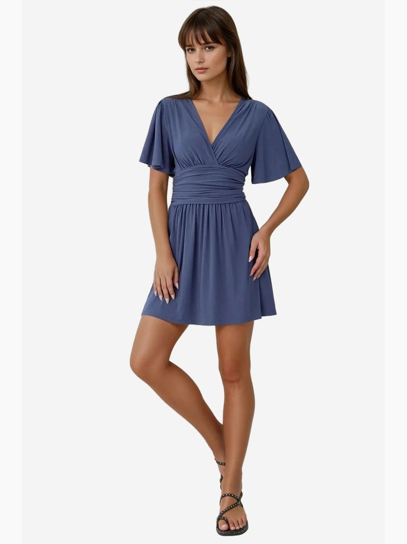 Mini-jurk met v-hals en korte mouwen hiccup Lagonblauw - Kiabi