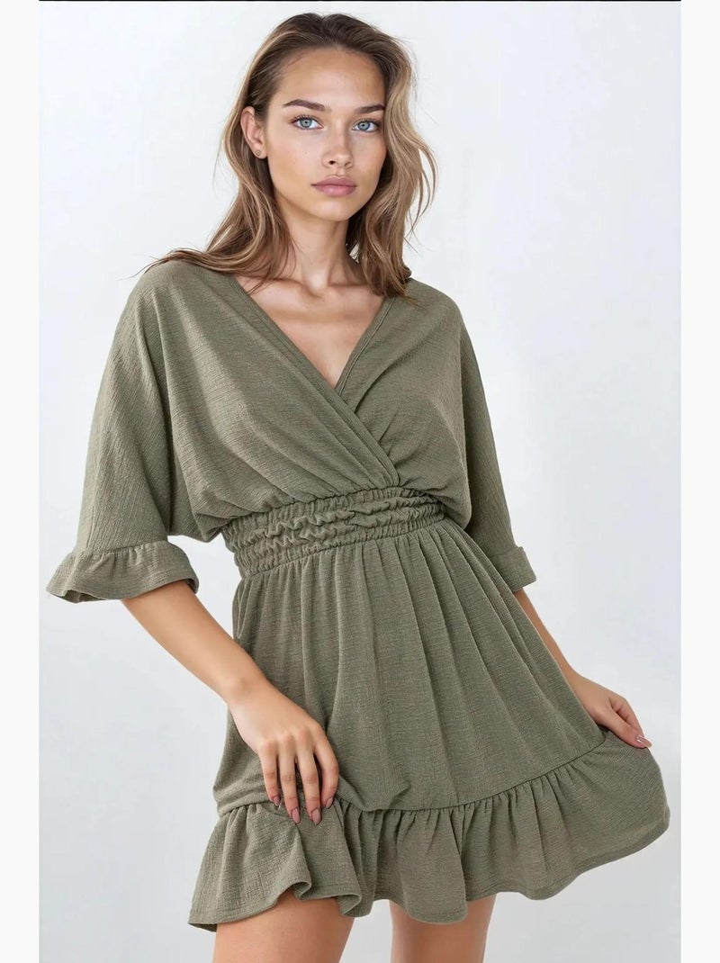 Mini-jurk met v-hals en textuur hiccup Pastelgroen - Kiabi