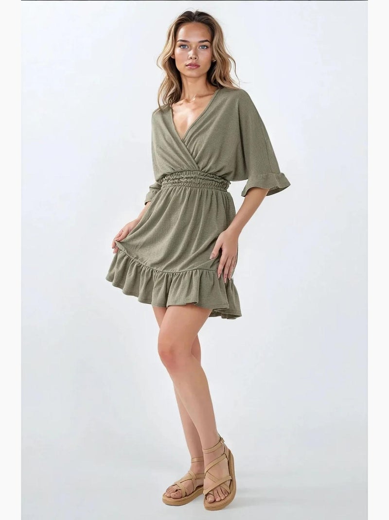 Mini-jurk met v-hals en textuur hiccup Pastelgroen - Kiabi