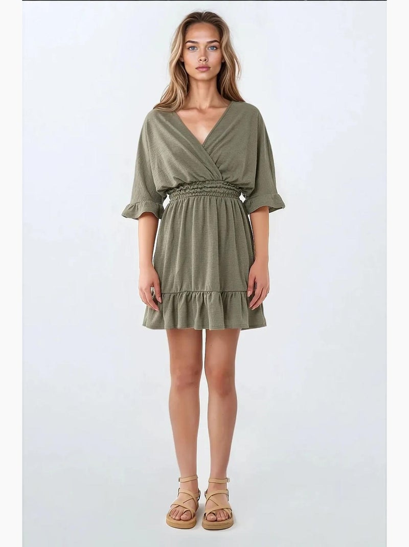Mini-jurk met v-hals en textuur hiccup Pastelgroen - Kiabi