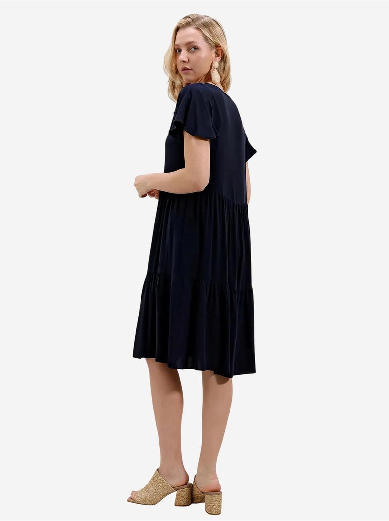 Mini-jurk met v-hals, ruches en strik bdart Marineblauw - Kiabi