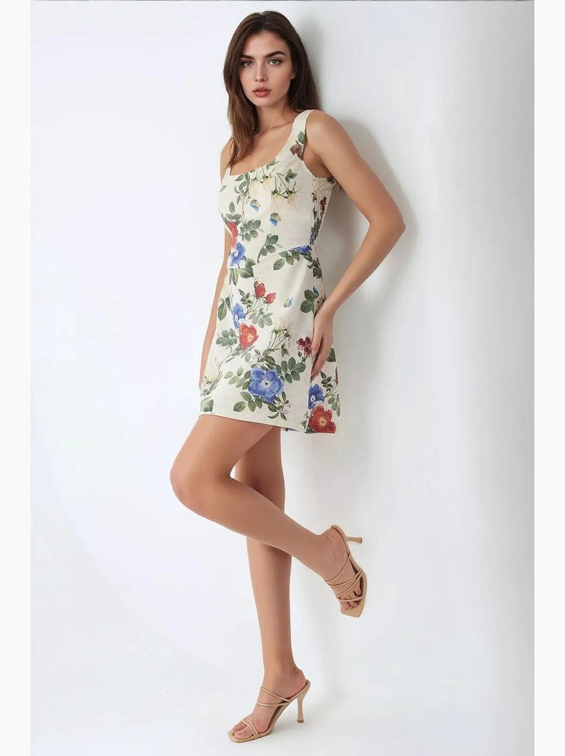Mini-jurk met vierkante hals en bloemenpatroon met linnenlook hiccup Crème - Kiabi