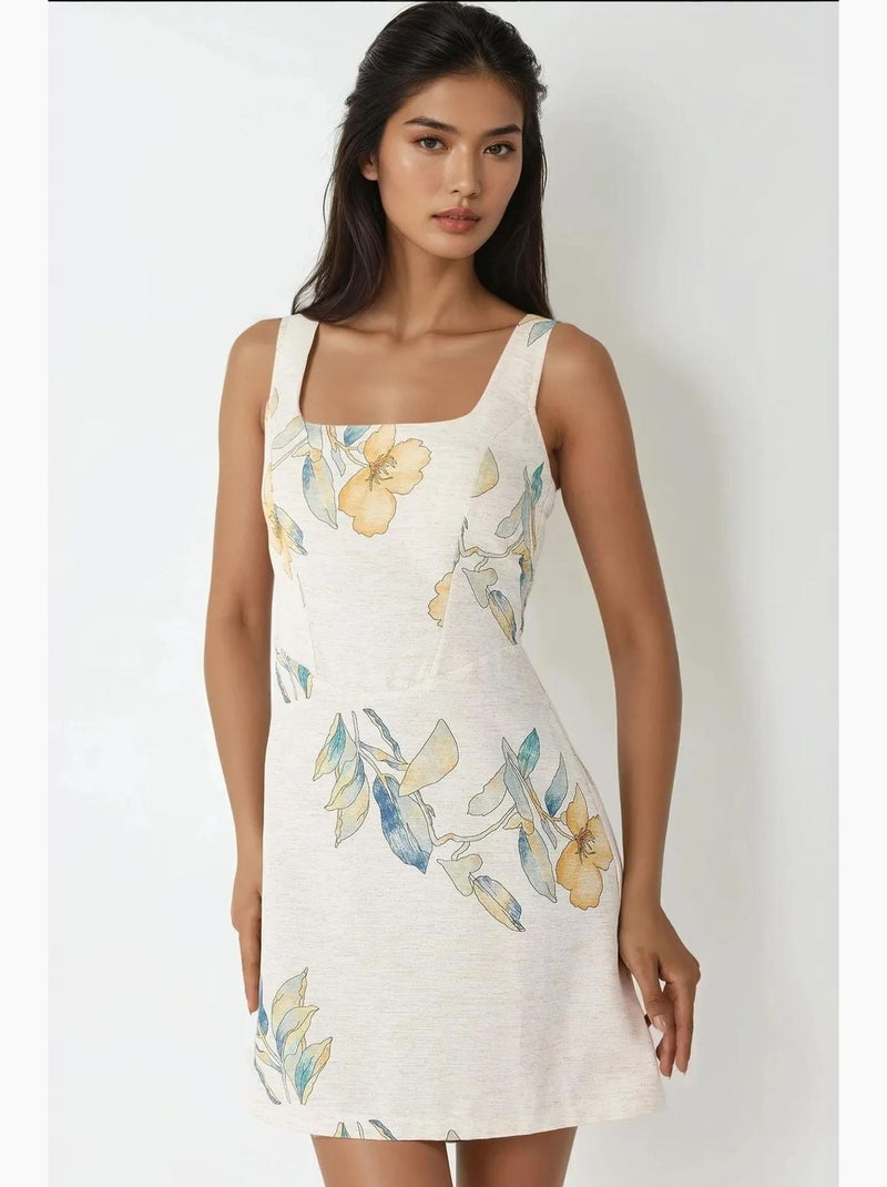 Mini-jurk met vierkante hals en bloemenpatroon met linnenlook hiccup Ivoor - Kiabi