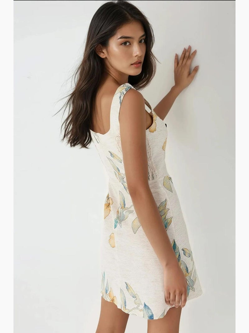Mini-jurk met vierkante hals en bloemenpatroon met linnenlook hiccup Ivoor - Kiabi