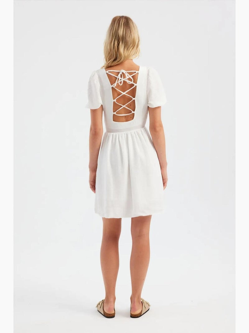 Mini-jurk met vierkante hals en korte mouwen hiccup Natuurlijk beige - Kiabi