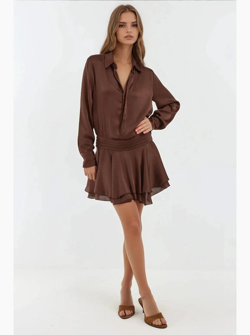 Mini-robe drapée à volants et col chemise hiccup Marron foncé - Kiabi