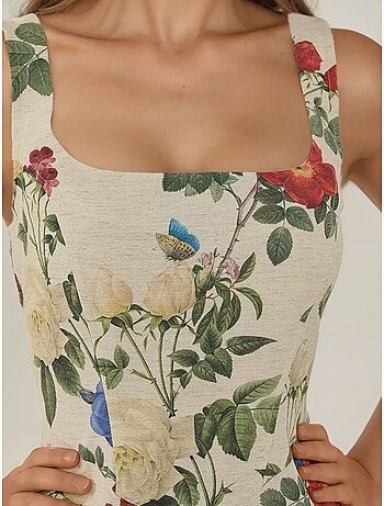 Mini-robe en lin à motif fleuri et col carré