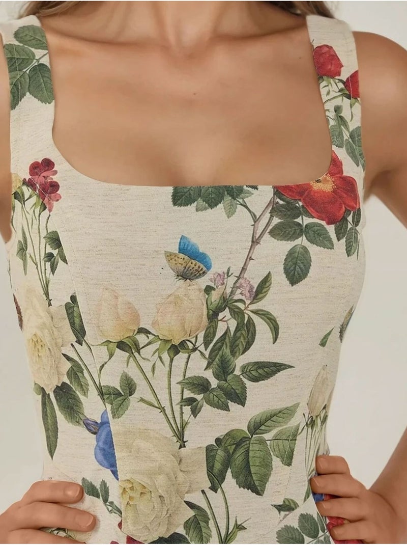 Mini-robe en lin à motif fleuri et col carré Multicolore - Kiabi