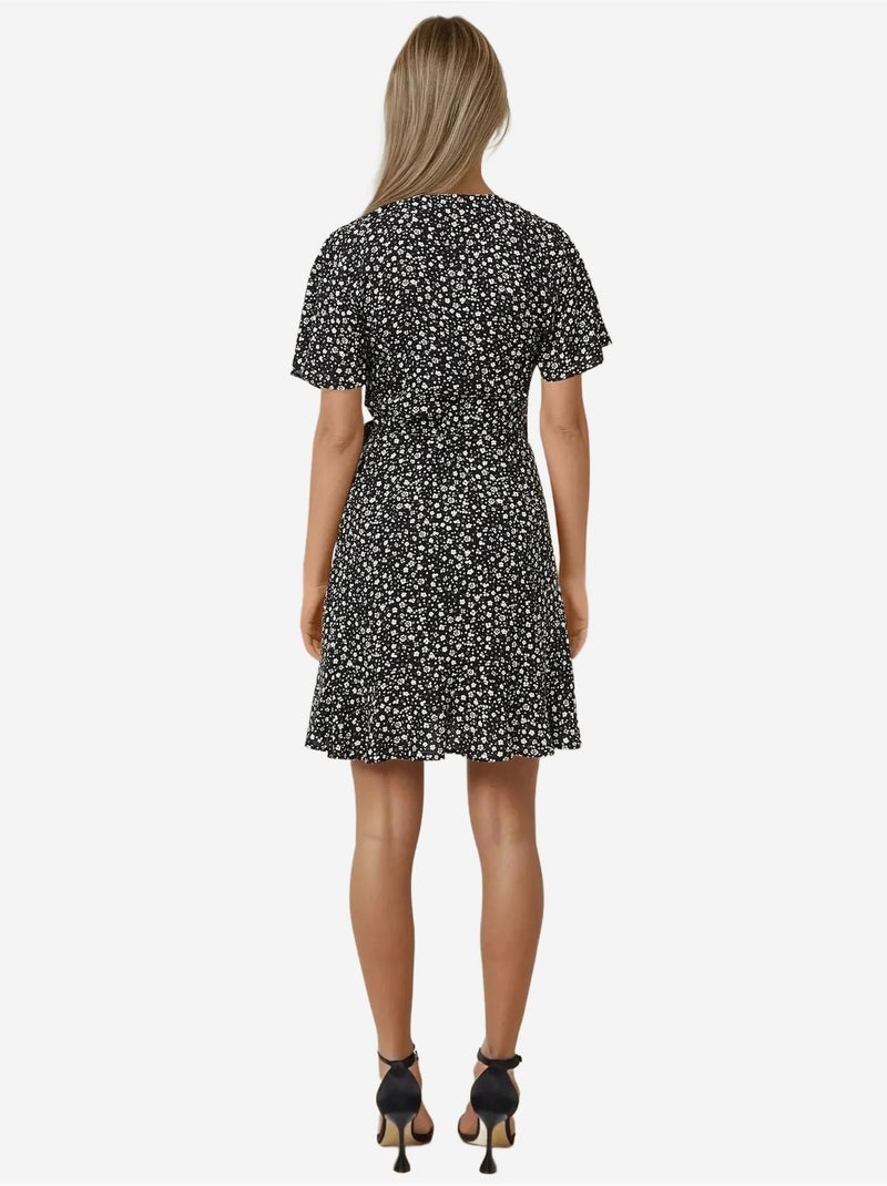 Mini-robe en viscose à col en v et motif fleuri hiccup Noir - Kiabi