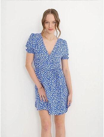 Mini-robe fleurie à manches bouffantes et col surplis avec cordon de serrage hiccup