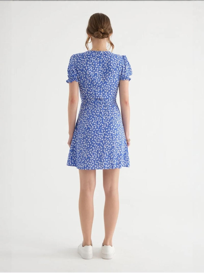 Mini-robe fleurie à manches bouffantes et col surplis avec cordon de serrage hiccup Bleu - Kiabi