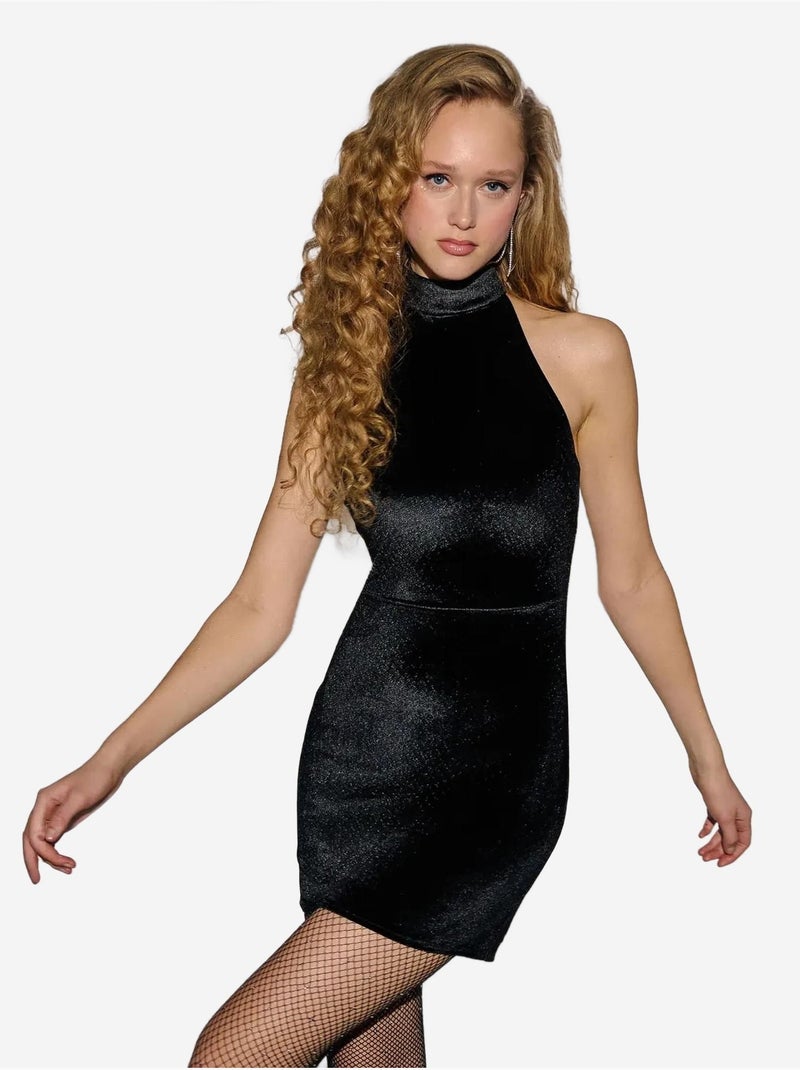 Mini-robe moulante en velours avec col licou Noir - Kiabi