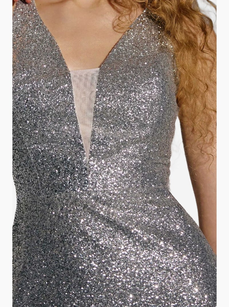 Mini-robe moulante pailletée sans manches à col en v hiccup Argent - Kiabi
