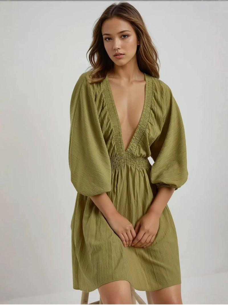 Mini-robe texturée à col en v et manches longues hiccup Vert - Kiabi
