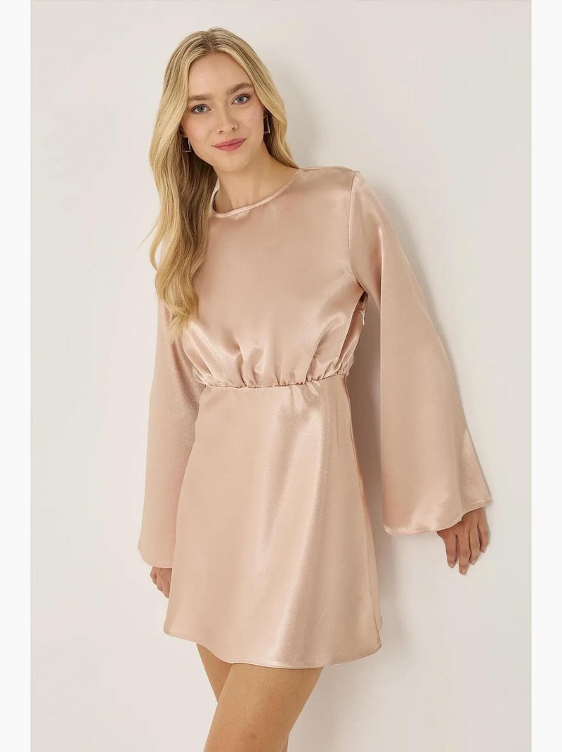 Mini satijnen jurk met engelarmen hiccup Natuurlijk beige - Kiabi