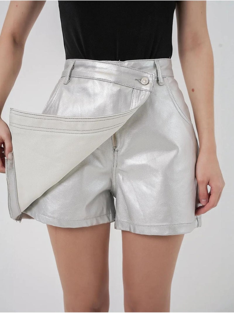 Mini-skorts van metallic stof met hoge taille en knoopsluiting bdart Zilver - Kiabi